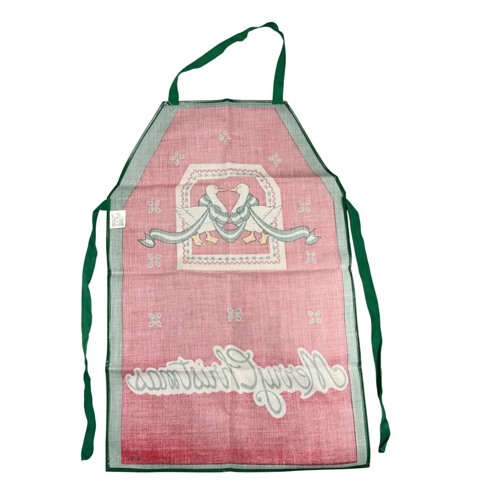Vintage Merry Christmas Waterproof Vinyl Apron Geese Holiday Red Green Retro